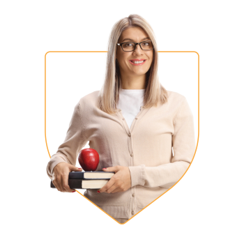 A woman smiling and holding books and an apple.
