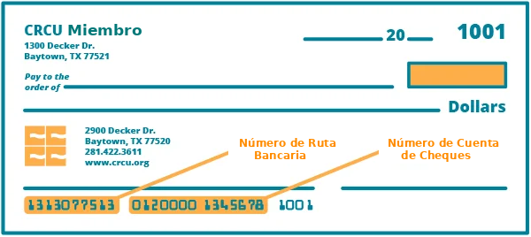 Cheque educativo de muestra de CRCU que demuestra la ubicación de los números de ruta y cuenta, con etiquetas en español que identifican el número de ruta bancaria y el número de cuenta de cheques.